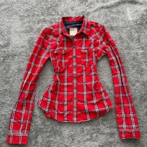 Hollister red plaid button up shirt